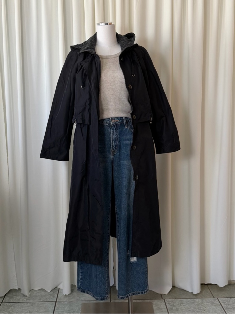 Vintage 1990s Fleet Street Hooded Black Trench Coat Gorpcore size 8Petite. - Picture 7 of 14